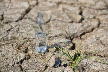 A transparent bottle of clean drinking water stands in the middle of dry, cracked desert land. Global warming concept. Drought and water crisis