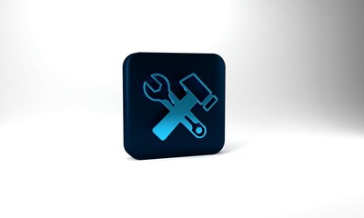 Obraz premium Blue Crossed hammer and wrench spanner icon isolated on grey background. Hardware tools. Blue square button. 3d illustration 3D render
