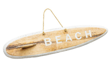 Cutout of isolated wooden beach sign board with surfboard shape with the transparent png background