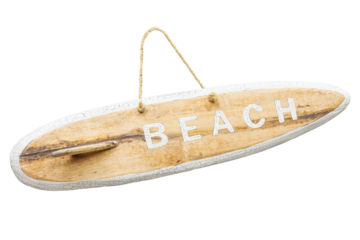 Cutout of isolated wooden beach sign board with surfboard shape with the transparent png background