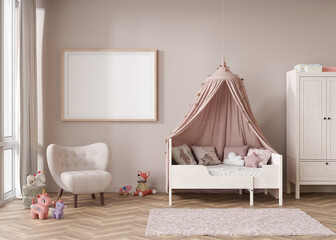 Empty horizontal picture frame on beige wall in modern child room. Mock up interior in contemporary, scandinavian style. Free, copy space for picture. Bed, toys. Cozy room for kids. 3D rendering. © Creative_Bird