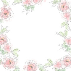 loose watercolor doodle line art peony flower bouquet frame minimal banner background