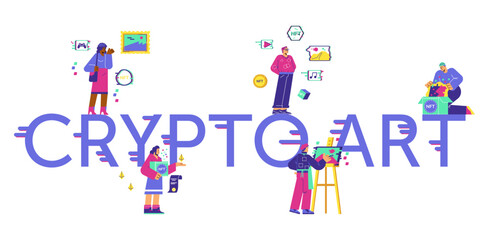 Crypto art typographic header with people buying and selling NFT, flat vector illustration on white background.