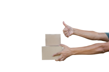 Hand holding two brown boxes on a white background.