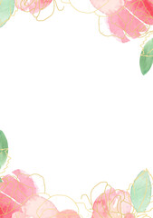 Obraz premium pink loose watercolor gold line art rose flower bouquet frame 5x7 invitation card wash splash background