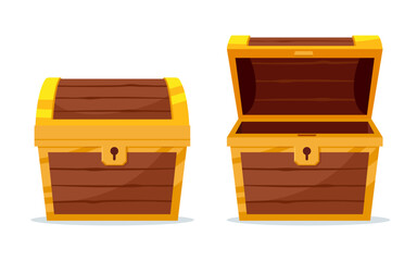Open and close the mystery wooden chest. Treasure on white background. Random a secret loot box concept. Vector illustration cartoon flat design.