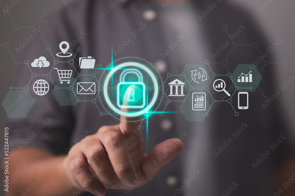 Poster Data protection through cybersecurity and privacy ideas. Internet network security technologies and the lock symbol. Protection of personal data on virtual screens.
