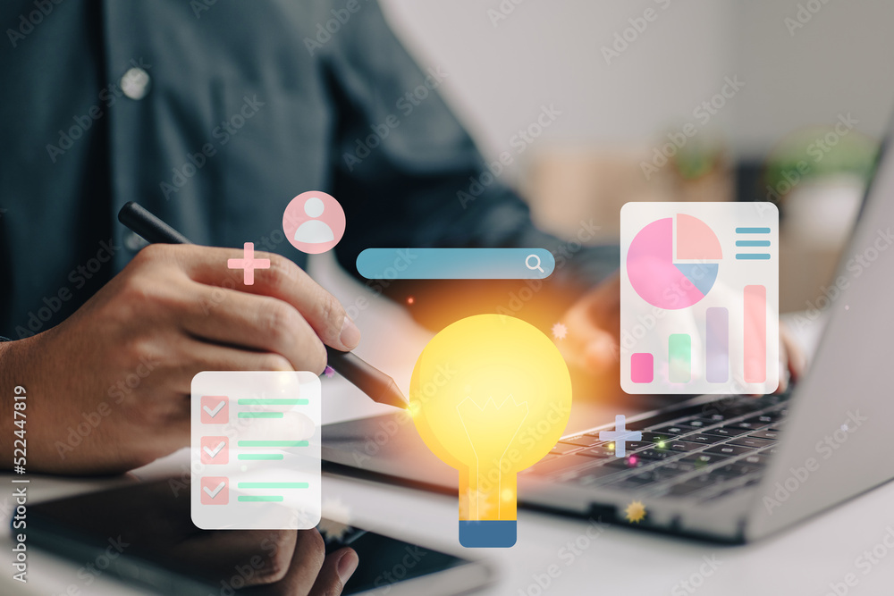 Poster data analysis, online marketing, and the creation of financial report charts. idea on laptop with a 