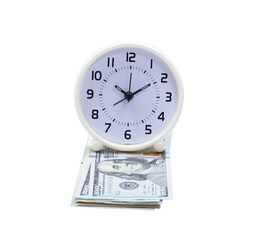 100 Dollar banknote and clock isolated