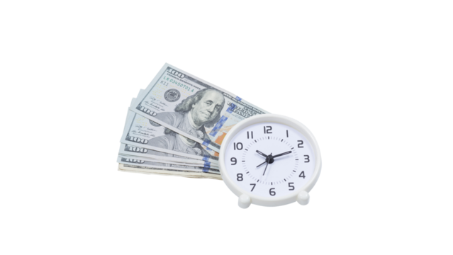 100 Dollar banknote and clock isolated
