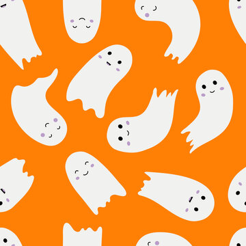 Cute Halloween ghost seamless pattern. Smiling flying spirits