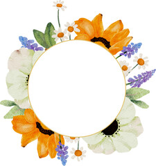 watercolor yellow sunflower and white anemone flower bouquet wreath gold frame