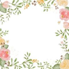 loose watercolor colorful roses and  wild flowers bouquet with gold glitter frame banner background