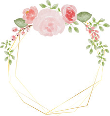 loose watercolor colorful roses and  wild flowers bouquet wreath with hexagon gold frame