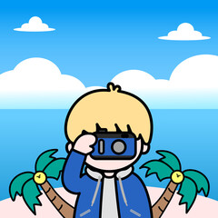 Illustration of Camera Boy on sea, beach, ocean, clouds, sky, summer vacation background.