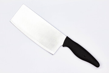 Kitchen knife for chopping meat on white background. Chef Butchers knife for Cutting Meat. Boning knife for cutting raw meat. Kitchenware. Professional food preparation. Close-up. Top view. Isolated