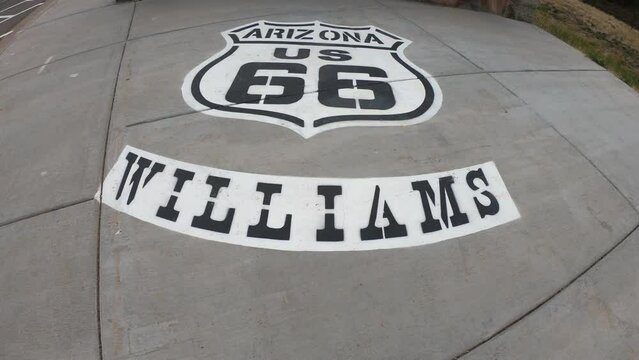 City of Williams, Arizona, USA, June 22, 2022: DOLLY SHOT - Route 66 Williams Sign at Bill Williams Avenue in Williams, AZ.