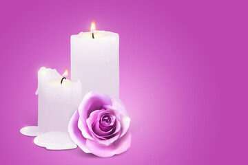 Realistic candles and rosebud on a purple background. Vector illustration