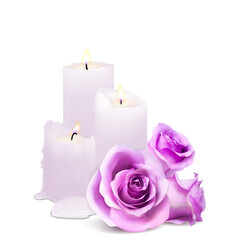 Realistic candles and rosebuds on a white background. Vector illustration