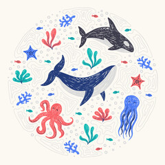 Vector illustrations of cute sea animals, ocean inhabitants, kids set for girls and boys, cartoon whale, killer whale, jellyfish, starfish, coral. Set of hand drawn marine elements.
