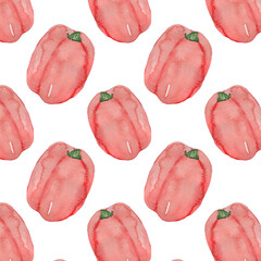 Watercolor hand-drawn seamless pattern with pepper on a white background. Bright print with peppers.