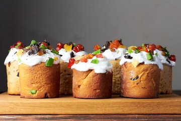 Several Kulich. Traditional easter cakes, bread with meringue and colorful sprinkles and candied...