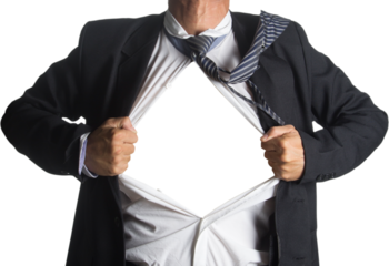 Businessman in classic superman pose tearing his shirt open to reveal t shirt with blank chest for message