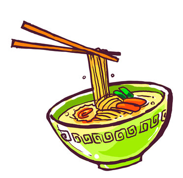 Chinese noodle soup bowl Japanese ramen with chopsticks eating icon hand drawing digital illustration