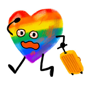 Crazy stress hurt rainbow LGBT heart with luggage running away painting illustration cartoon