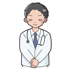 Fototapeta premium お辞儀をする白衣を着た男性のイラスト（聴診器付き）