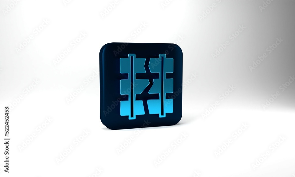 Poster blue broken or cracked rails on a railway icon isolated on grey background. blue square button. 3d i
