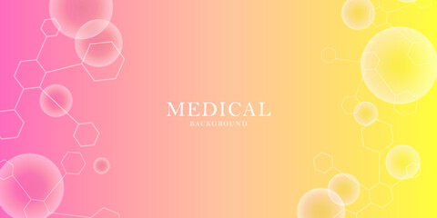 Medical abstract background. DNA and molecular structure. Hexagons, lines and bubbles on a yellow-pink gradient. Scientific, biological and medical concepts for your design. Vector illustration.