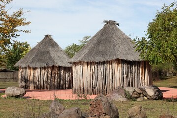 Huts in the park of the birds in Villars-les-Dombes, France