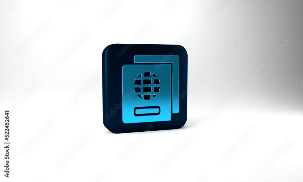 Poster blue passport with biometric data icon isolated on grey background. identification document. blue sq
