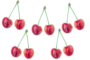 Collage cherry closeup isolated on a white background. Fresh cherries with stems, berry collection