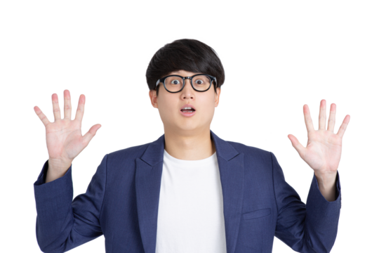 Positive shocked business man with glasses in casual attire opening his hands on transparent as png