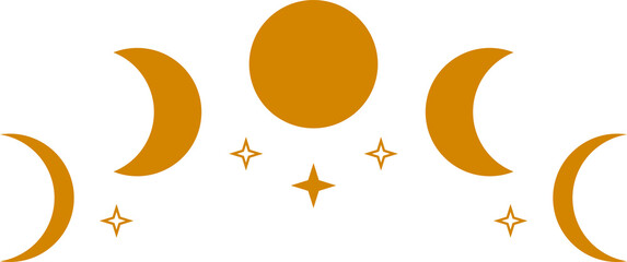 Orange moon different phases of lunar phases with stars boho flat vector png design. - obrazy, fototapety, plakaty
