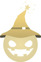 Yellow devil pumpkin smile lantern wearing purple witch hat Halloween cartoon character design png.