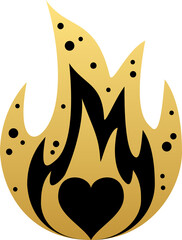 Black heart love in golden burning fire flame magic boho design png.