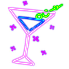 Cocktail glass neon light illustration sprakling alcohol night drink