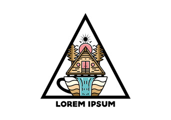 Obraz premium Wood cabin and pine trees on the coffee cup shape with waterfall illustration