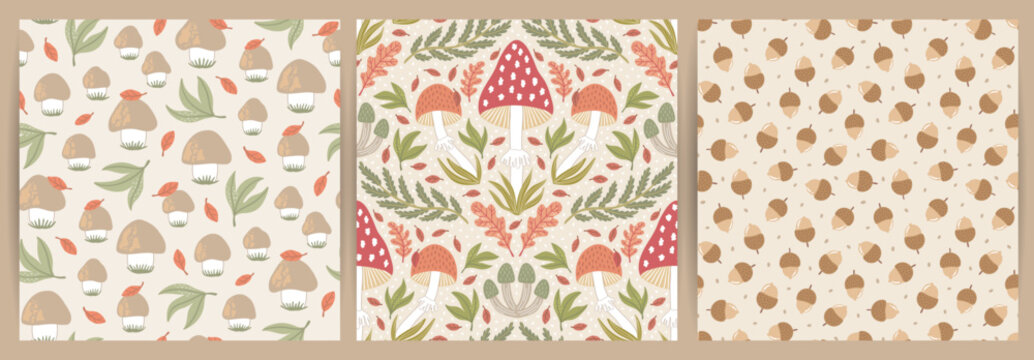 Set of hand-drawn seamless patterns with wild mushrooms and autumn leaves. Colorful seasonal illustration for paper and gift wrap. Fabric print design. Creative stylish background.
