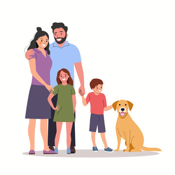 Mother and father with children and dog. Happy family isolated.Vector flat style illustration