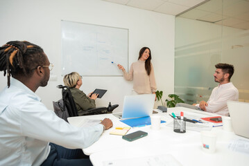 Businesswoman making a business presentation to her colleagues and the female team leader sitting in the wheelchair