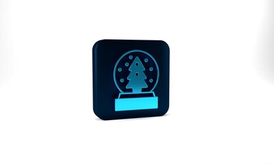 Blue Christmas snow globe with fallen snow and christmas tree icon isolated on grey background. Merry Christmas and Happy New Year. Blue square button. 3d illustration 3D render