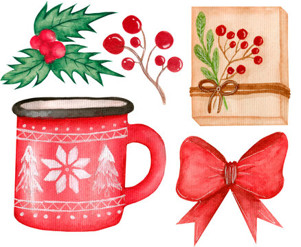 Watercolor set of holiday items in red colors. Bow, gift, holly and Christmas mug isolated on white background.