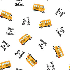 Seamless pattern with yellow school bus on white background.
