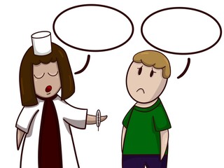 A nurse tells a sad boy to take his temperature. The nurse with thermometer. Nurse at work. Dialogue. Comic.