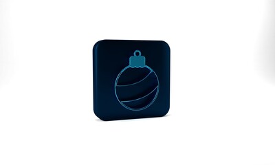 Obraz premium Blue Christmas ball icon isolated on grey background. Merry Christmas and Happy New Year. Blue square button. 3d illustration 3D render