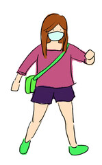 People Traveler woman with mask at airport cartoon hand drawing illustration